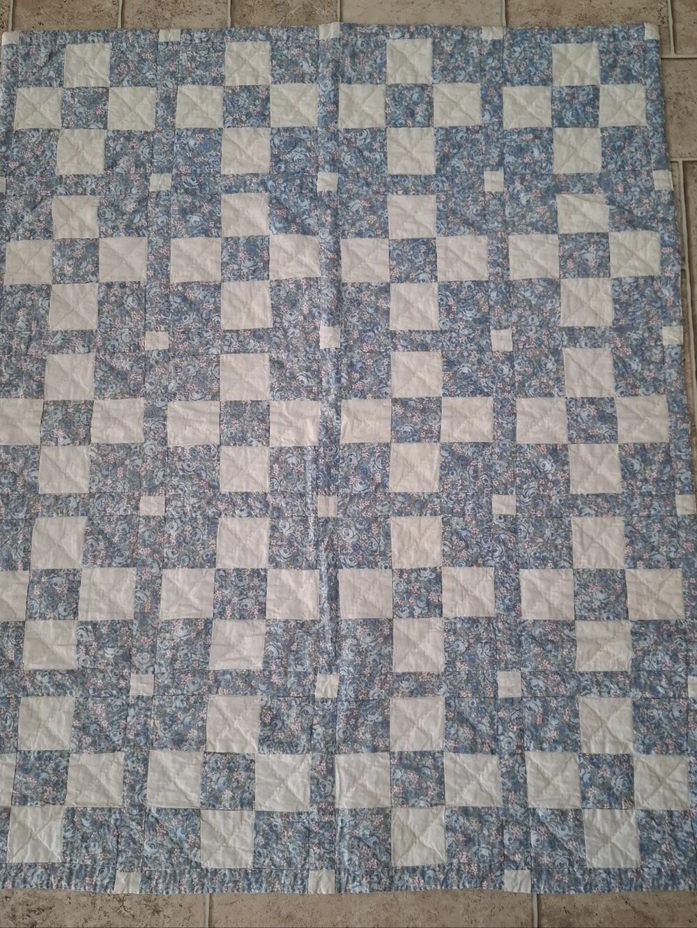 Handmade Baby Crib Patchwork Quilt Blue Flannel Back Lap Cottage Grandma Core